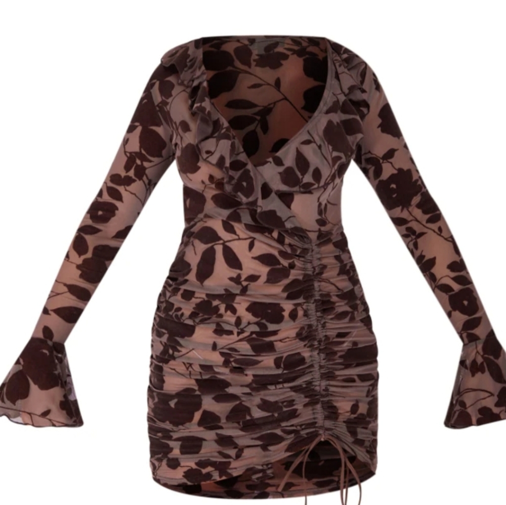 Dark Chocolate Floral Flocked Frill Detail Ruched Bodycon Dress